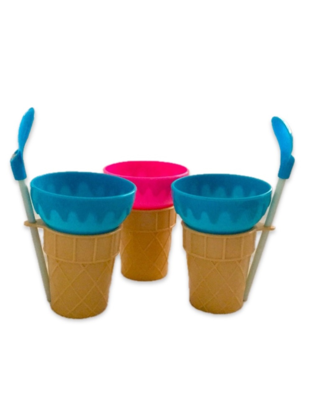 Set of 3 Waffle Cone Ice Cream Cups Bowls with 2 Matching Spoons Reusable Plasti